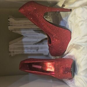 BORDELLO 5.75" Ruby Red Satin Rhinestone High Heels Sz10